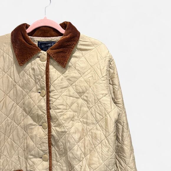 Vintage 90s Selene Sport Silk Quilted Barn Coat Corduroy Trim Heritage Preppy - Picture 4 of 9